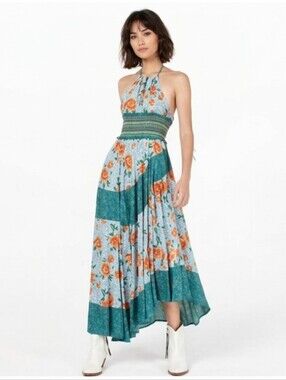 NWT Free People Pleated Halter Sundress in Blue and Orange Midi Dress